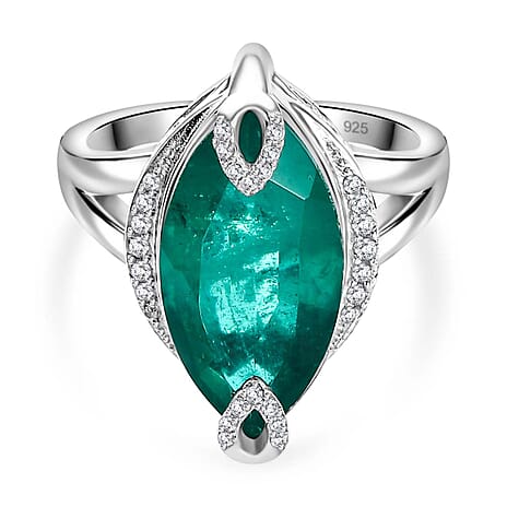 Emeraldine Quartz (Marquee) & Natural Zircon Ring in Rhodium Overlay Sterling Silver 6.70 Ct.