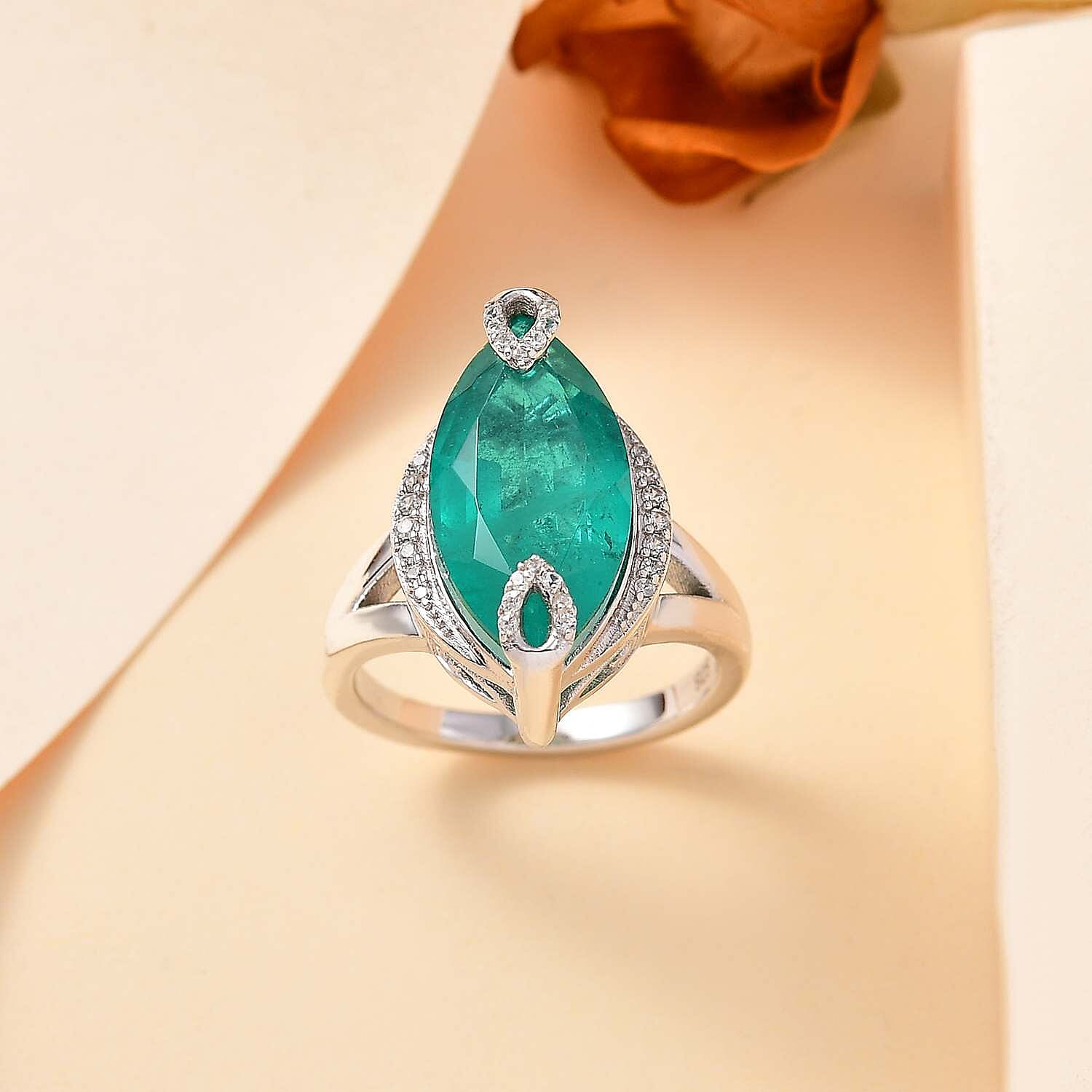 Emeraldine Quartz (Marquee) & Natural Zircon Ring in Rhodium Overlay Sterling Silver 6.70 Ct.