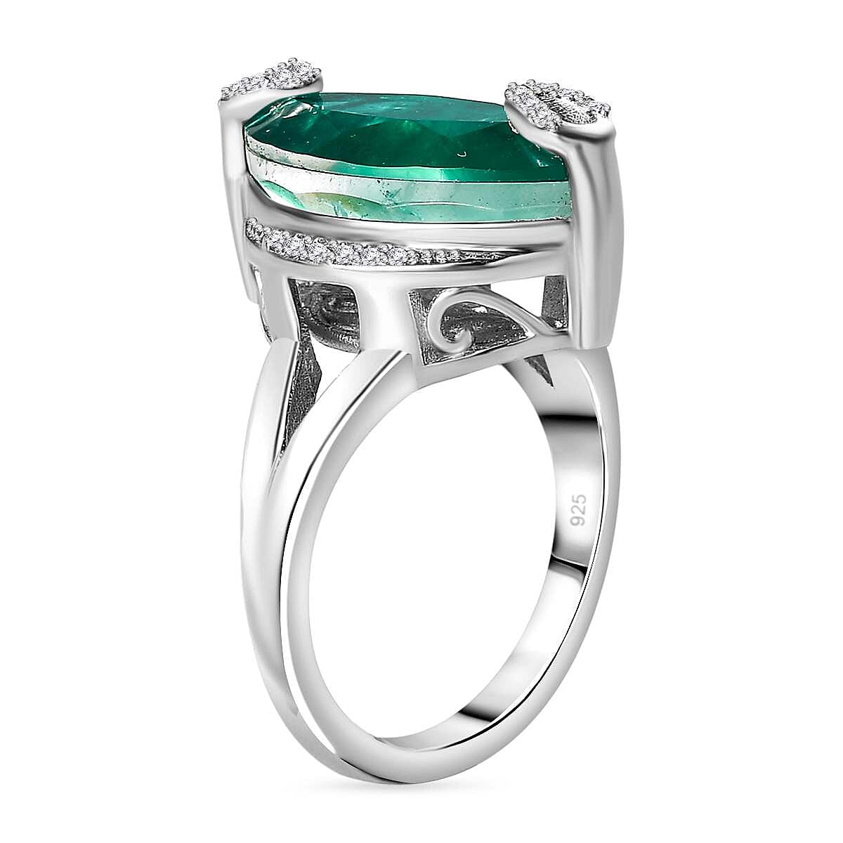 Emeraldine Quartz (Marquee) & Natural Zircon Ring in Rhodium Overlay Sterling Silver 6.70 Ct.