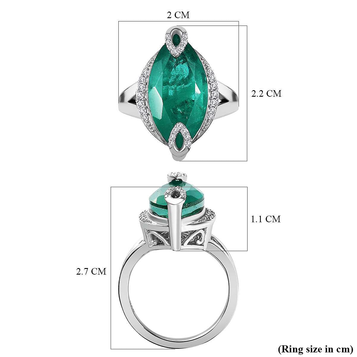 Emeraldine Quartz (Marquee) & Natural Zircon Ring in Rhodium Overlay Sterling Silver 6.70 Ct.