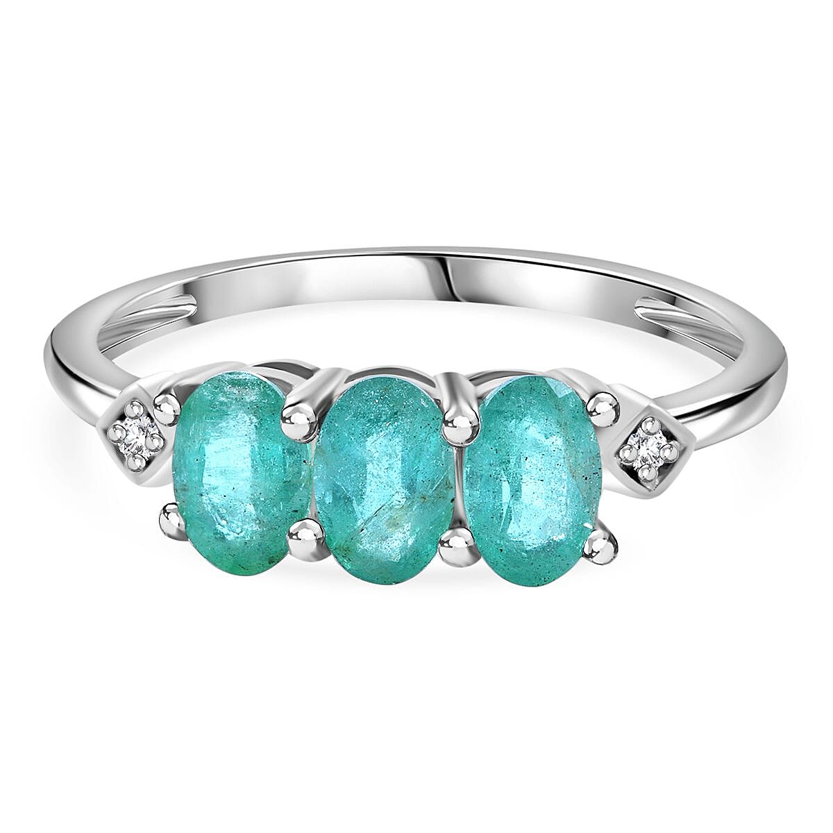 AAA Gemfields Zambian Emerald Trilogy Ring with Natural White Zircon in Platinum Sterling Silver 1.40 Ct.