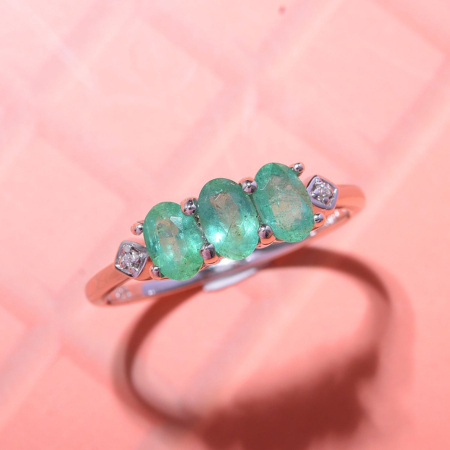 AAA Gemfields Zambian Emerald Trilogy Ring with Natural White Zircon in Platinum Sterling Silver 1.40 Ct.