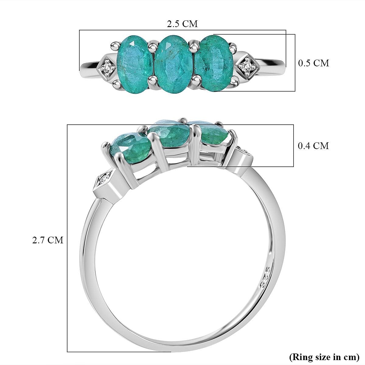 AAA Gemfields Zambian Emerald Trilogy Ring with Natural White Zircon in Platinum Sterling Silver 1.40 Ct.