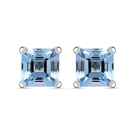 Skyblue Topaz Solitaire Stud Earrings in Rhodium Overlay Sterling Silver 2.78  Ct.