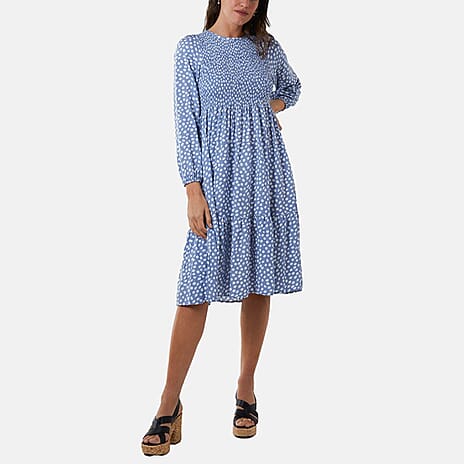 Paramour 100% Viscose Polka Dot Shirred Bodice Midi Dress (Size 10) - Ice Blue