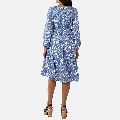Paramour 100% Viscose Polka Dot Shirred Bodice Midi Dress (Size 10) - Ice Blue