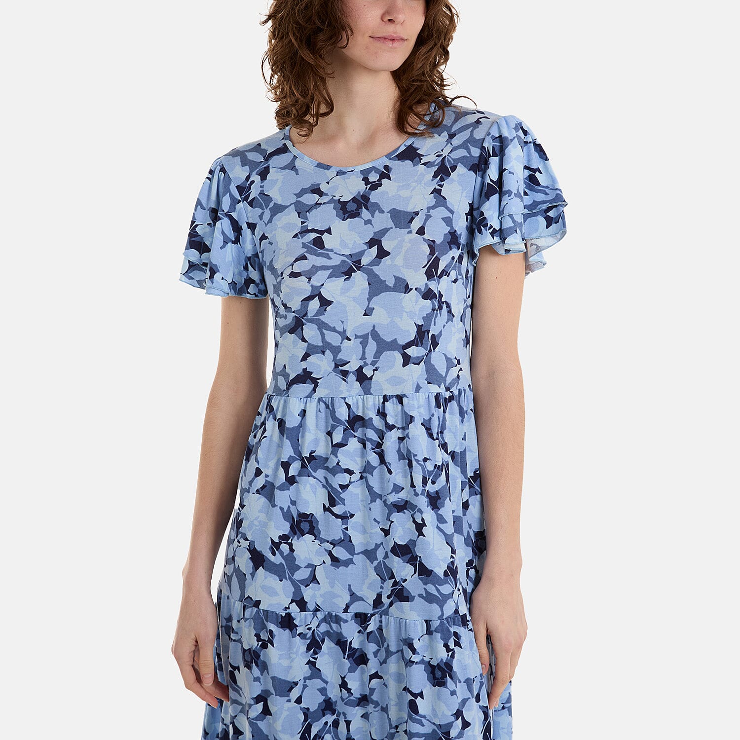 Paramour Angel Sleeve Leaf Print Midi Dress (Size L) - Navy