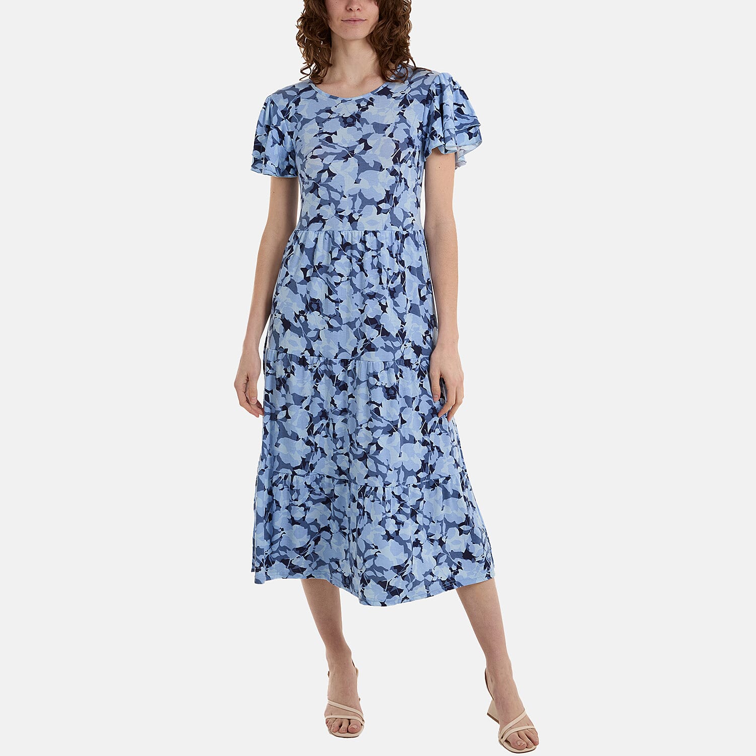 Paramour Angel Sleeve Leaf Print Midi Dress (Size L) - Navy