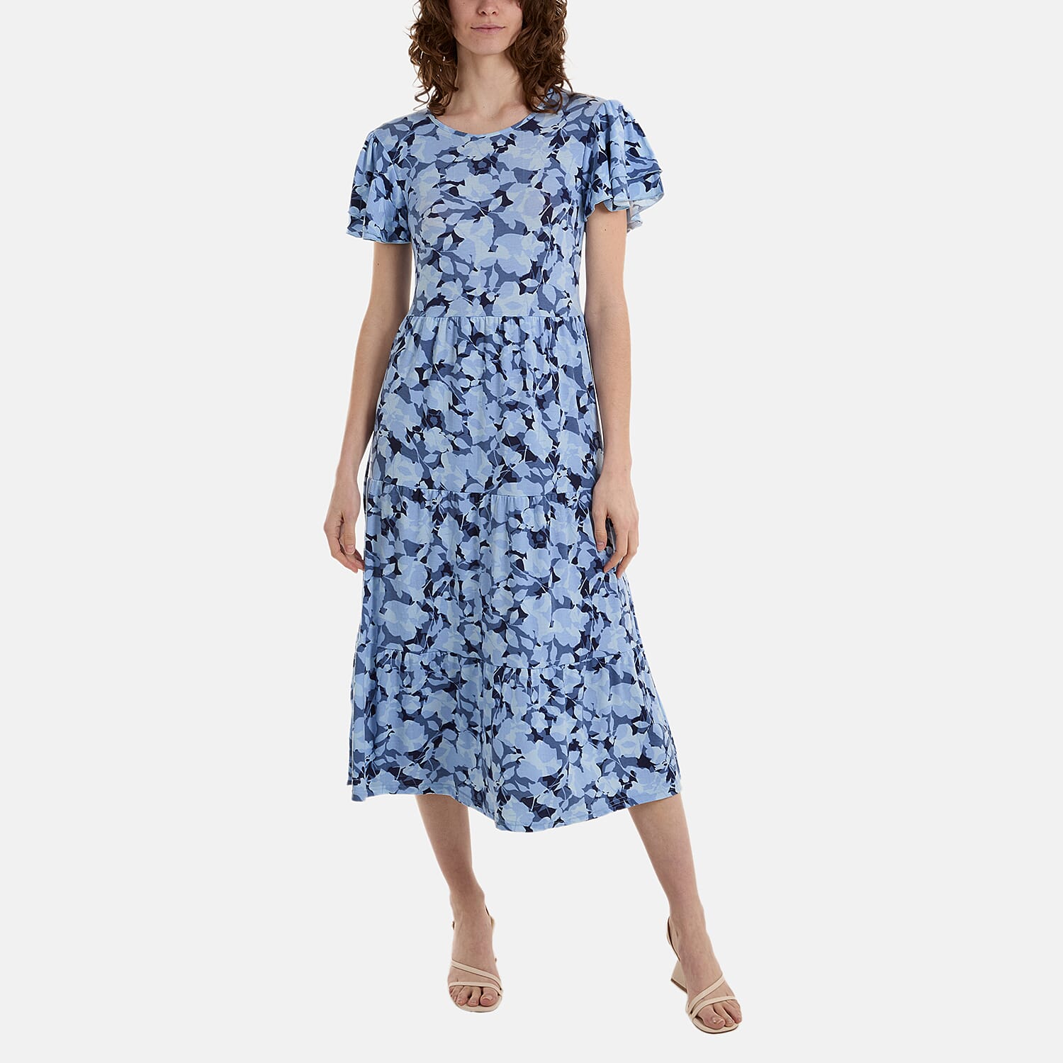 Paramour Angel Sleeve Leaf Print Midi Dress (Size M) - Navy