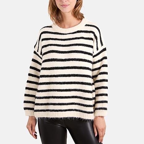 Wildflower Oversized Super Soft Knit Round Neck Stripe Jumper (One Size) - Stone
