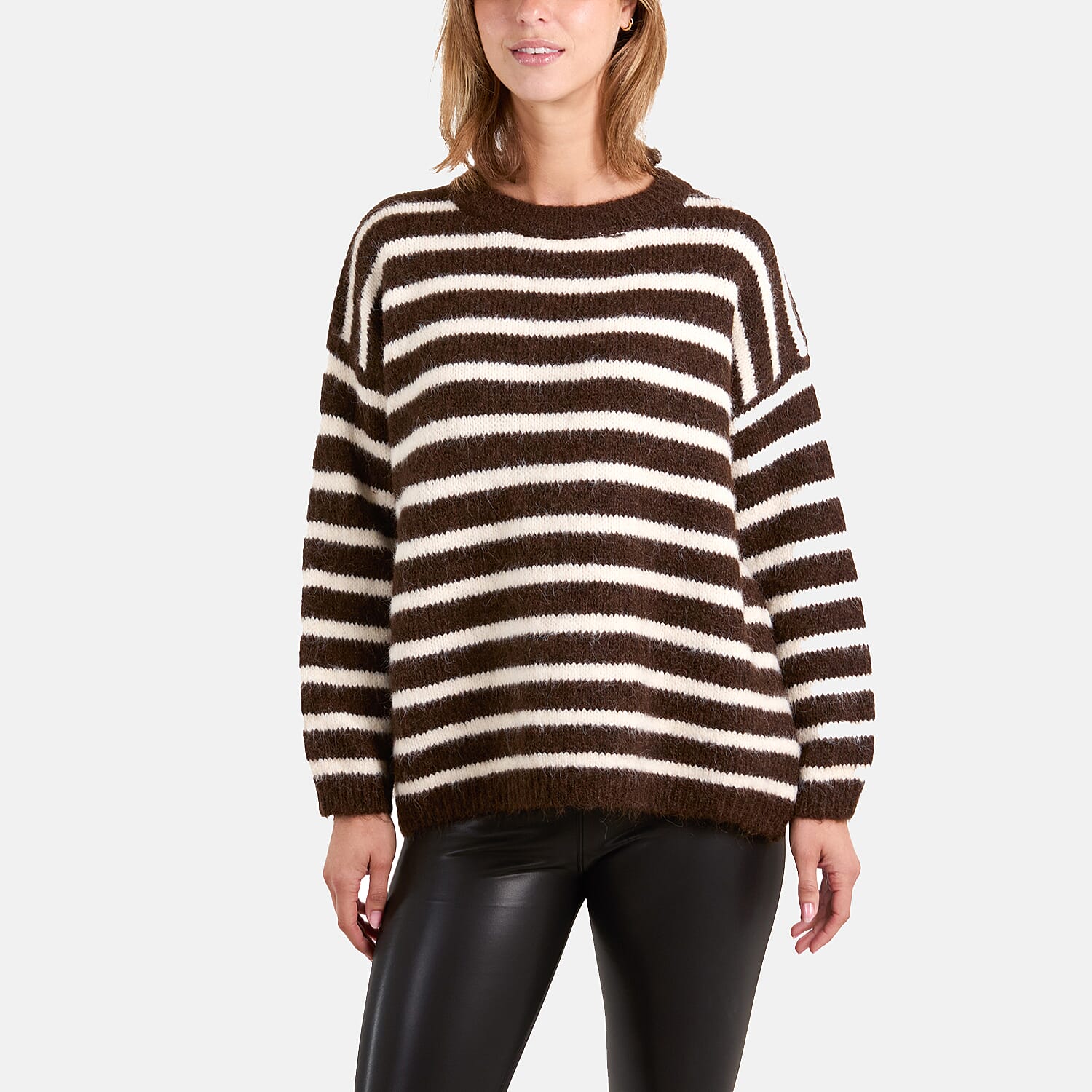 Wildflower Oversized Super Soft Knit Round Neck Stripe Jumper (One Size) - Chocolate