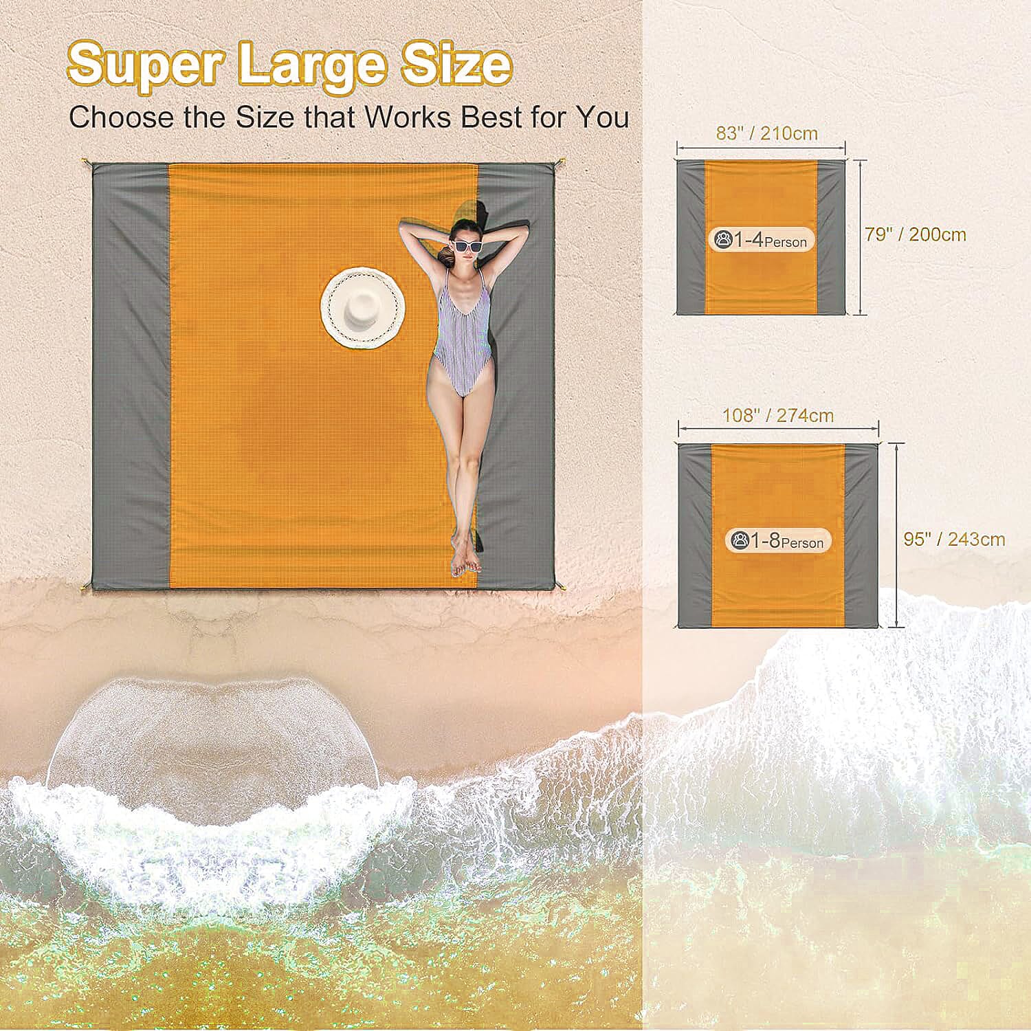 ISOPHO Beach Picnic Blanket (Size Large, 210x200 cm) - Orange
