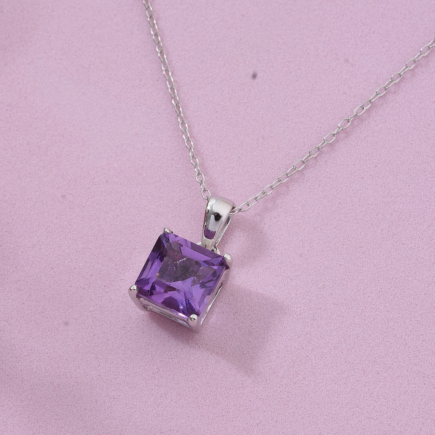 Asscher Cut Zambian Amethyst Pendant in Rhodium Overlay Sterling Silver 1.53 Ct.