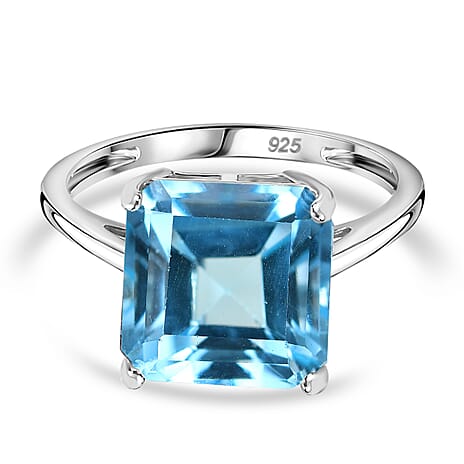 Asscher Cut Skyblue Topaz Solitaire Ring in Rhodium Sterling Silver 5.19 Ct.