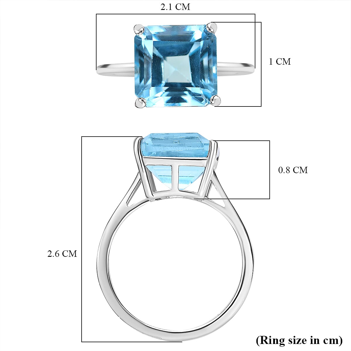 Asscher Cut Skyblue Topaz Solitaire Ring in Rhodium Sterling Silver 5.19 Ct.