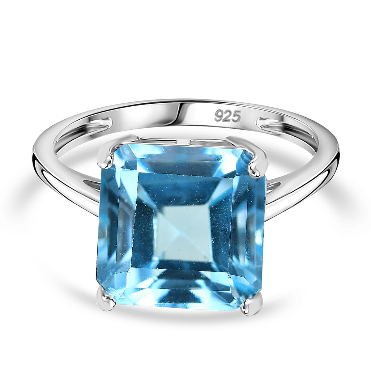 D'Joy Asscher Cut Skyblue Topaz Solitaire Ring in Rhodium Overlay Sterling Silver 6.16 Ct.