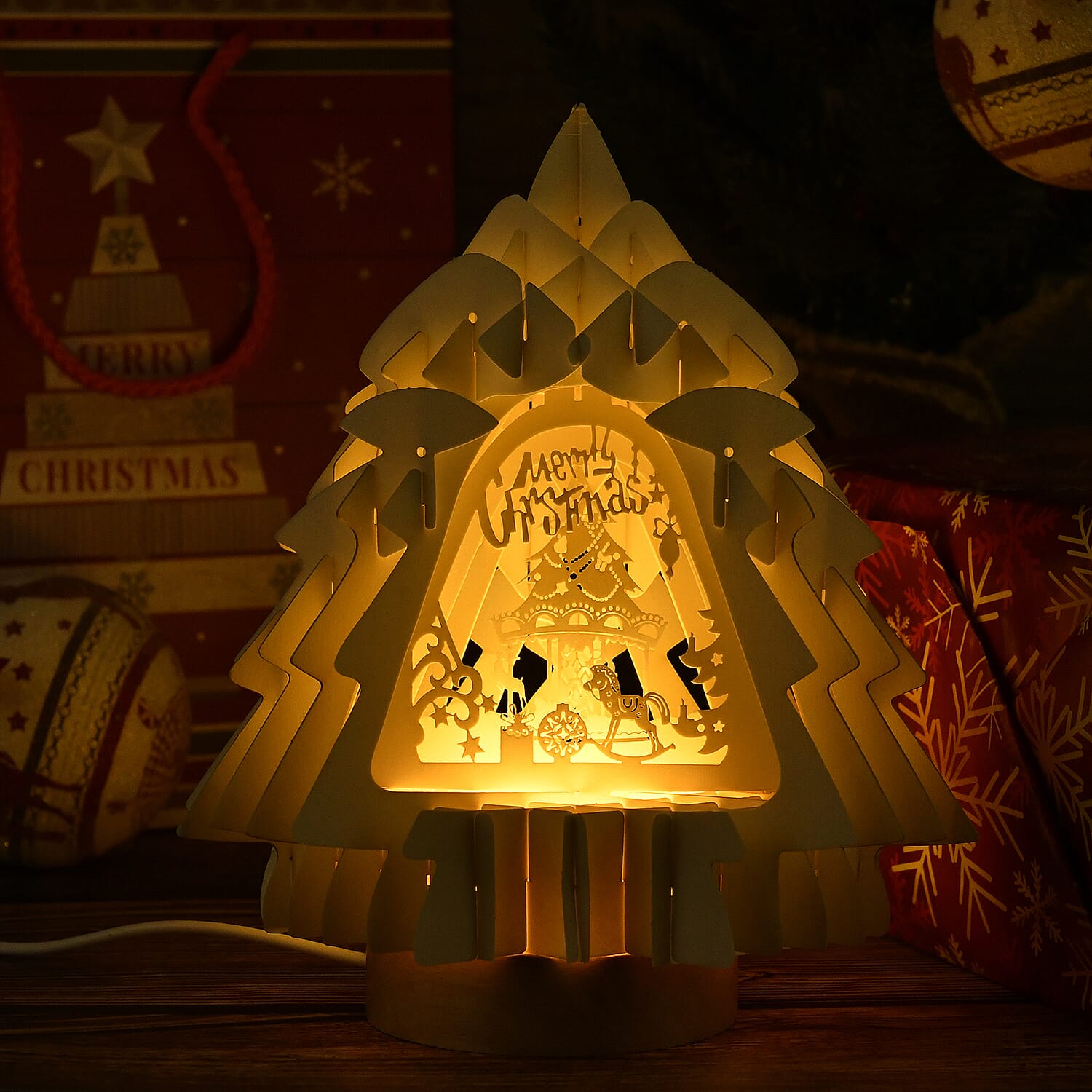 3D Paper Tree Lamp with Merry Christmas - White