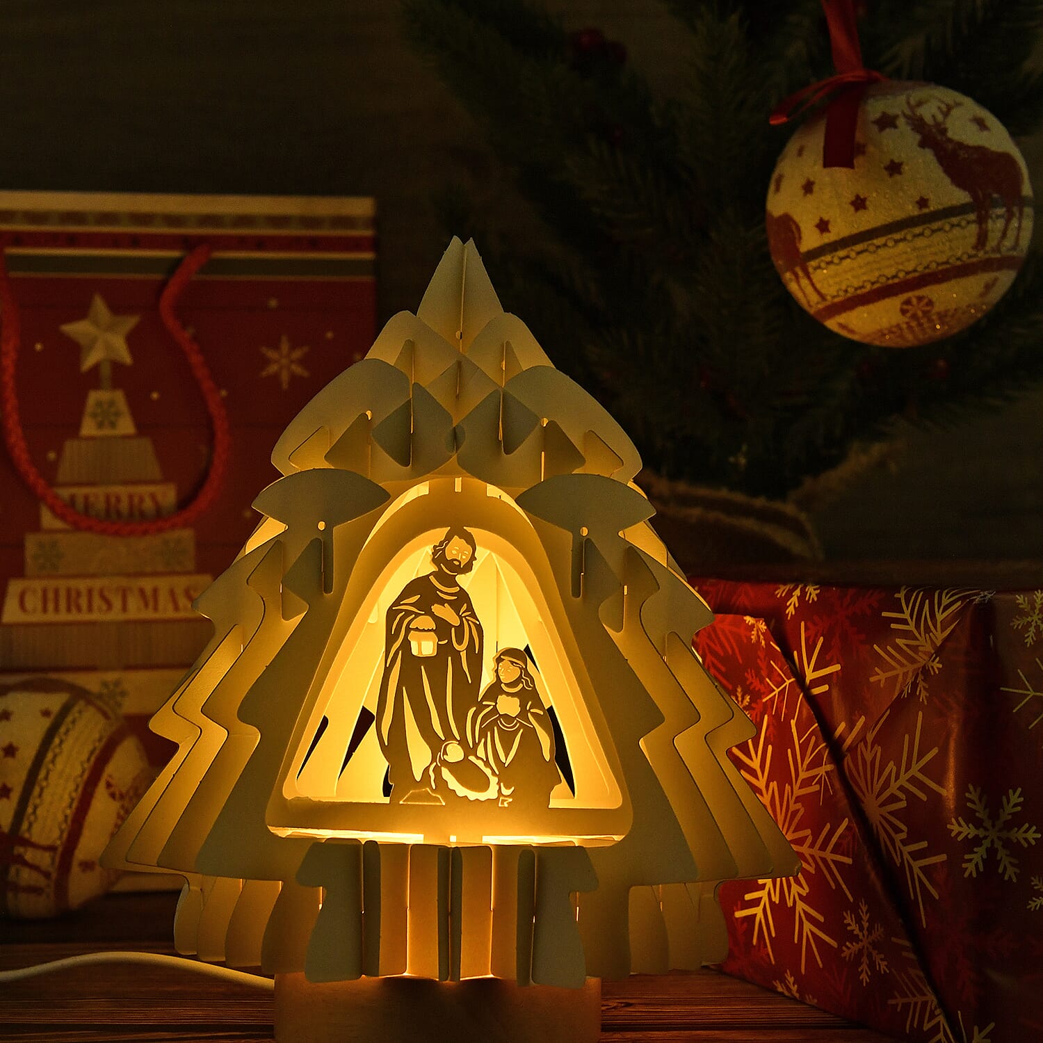 3D Paper Tree Lamp with Birth of Jesus - White