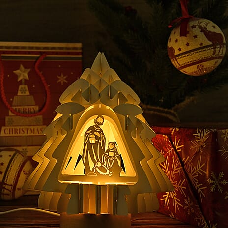 3D Paper Tree Lamp with Birth of Jesus - White