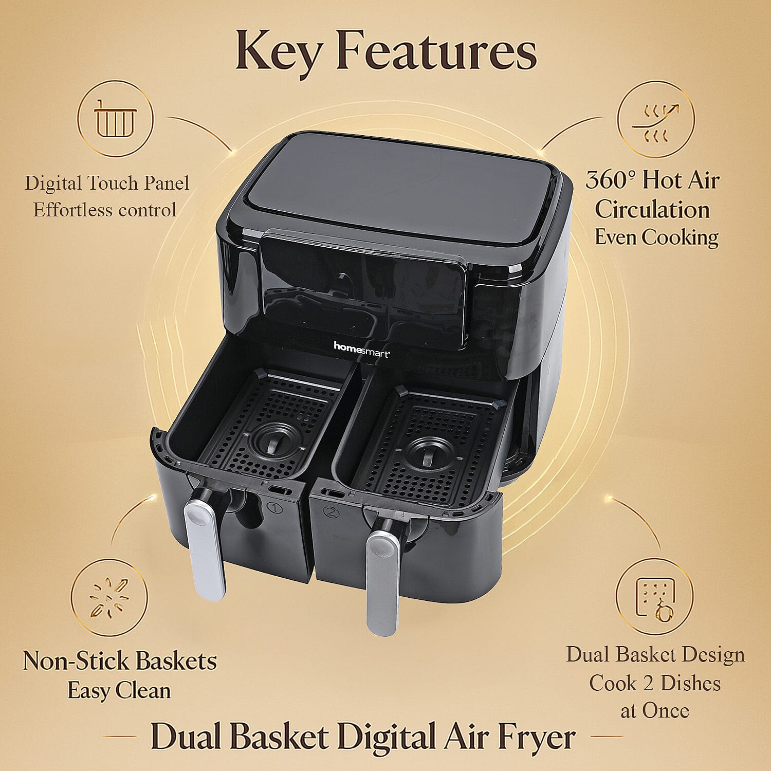LOWEST EVER PRICE -Homesmart Dual Basket Digital Air Fryer - Roast, Crisp, Bake - 50c-200c. Non Stick Baskets.