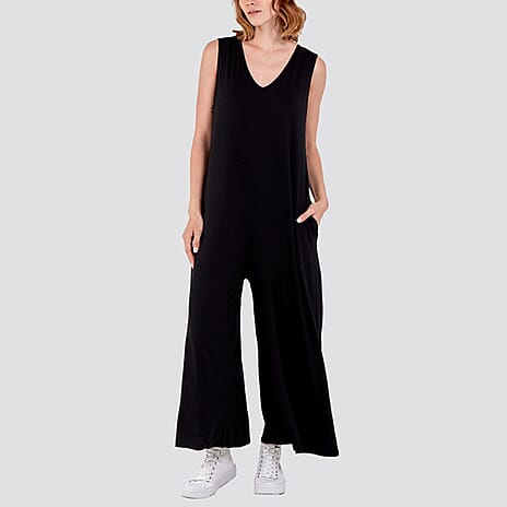 Plain V-Neck Sleeveless Jumpsuit (One Size) - Black