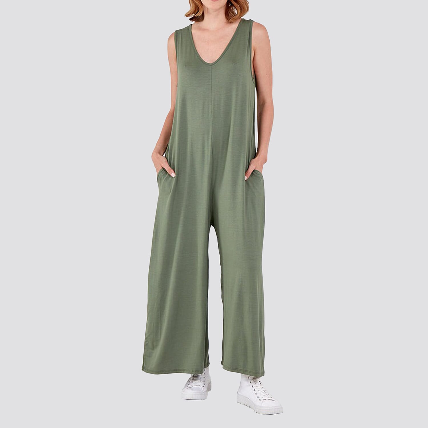 Plain V-Neck Sleeveless Jumpsuit (One Size) - Khaki