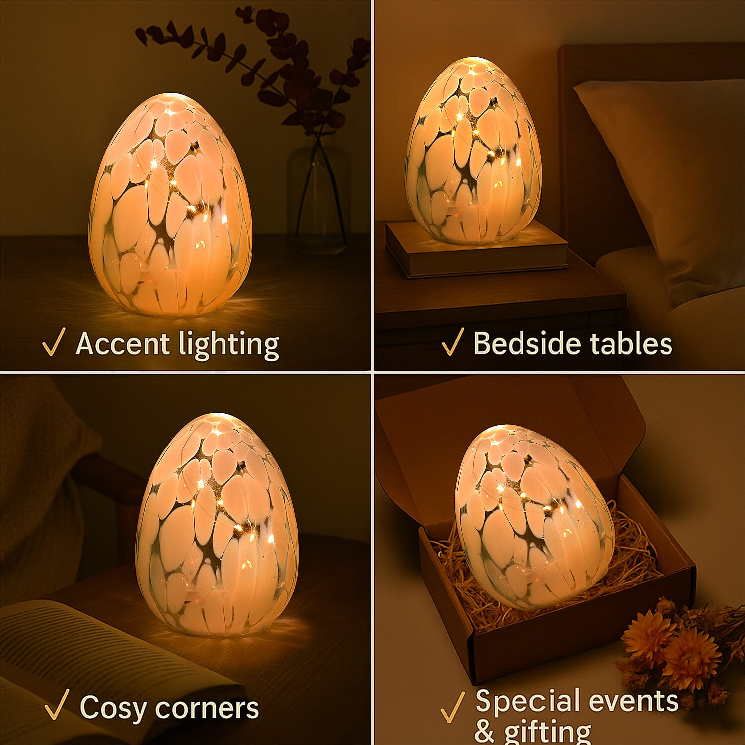 Ambient Egg Glass LED Lamp with String Lights (3xAAA Battery not inc.) - Pink