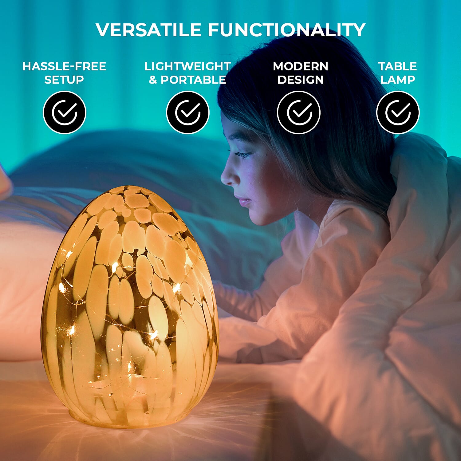 Ambient Egg Glass LED Lamp with String Lights (3xAAA Battery not inc.) - Pink