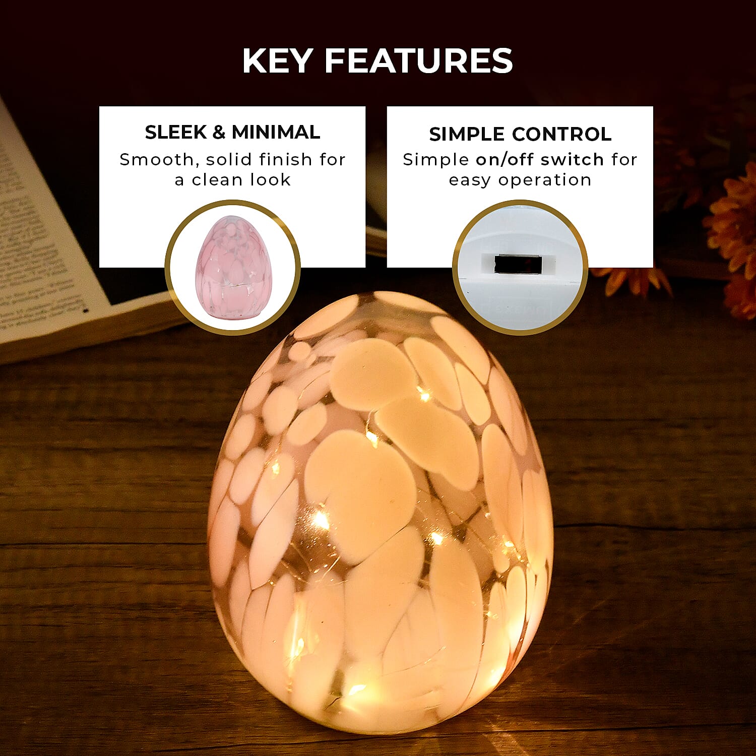 Ambient Egg Glass LED Lamp with String Lights (3xAAA Battery not inc.) - Pink