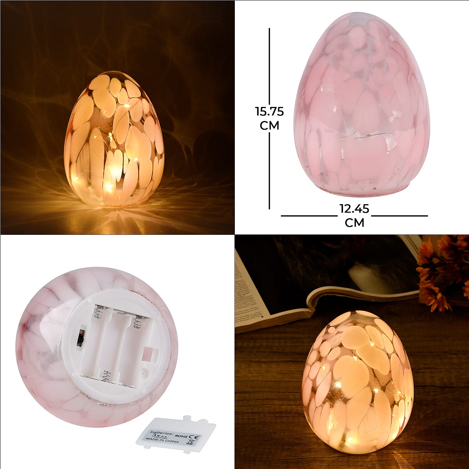 Ambient Egg Glass LED Lamp with String Lights (3xAAA Battery not inc.) - Pink