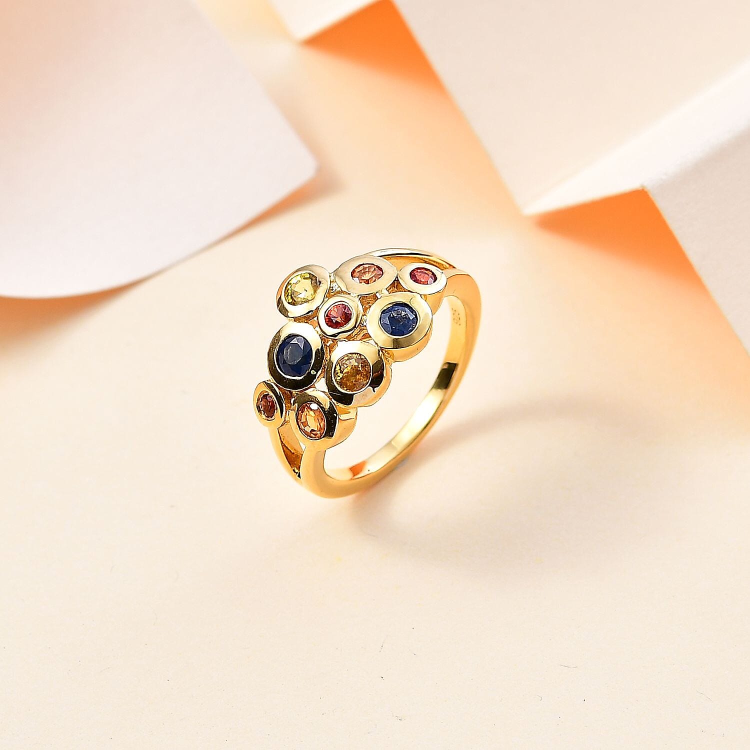 Blue Sapphire ,  Yellow Sapphire ,  Orange Sapphire ,  Red Sapphire  Fancy Ring in 18K YG Vermeil Sterling Silver 1.15 ct  1.279  Ct.