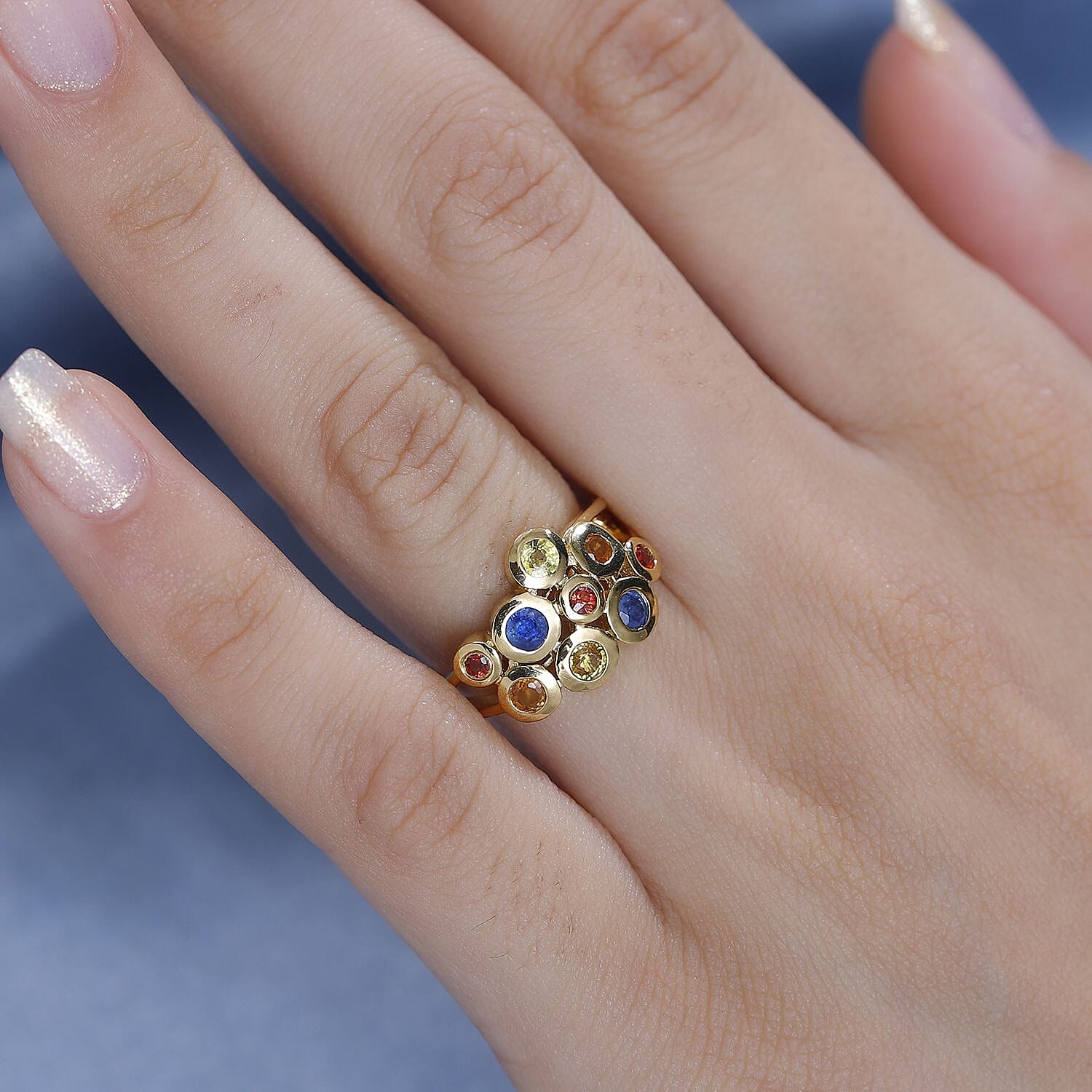 Blue Sapphire ,  Yellow Sapphire ,  Orange Sapphire ,  Red Sapphire  Fancy Ring in 18K YG Vermeil Sterling Silver 1.15 ct  1.279  Ct.