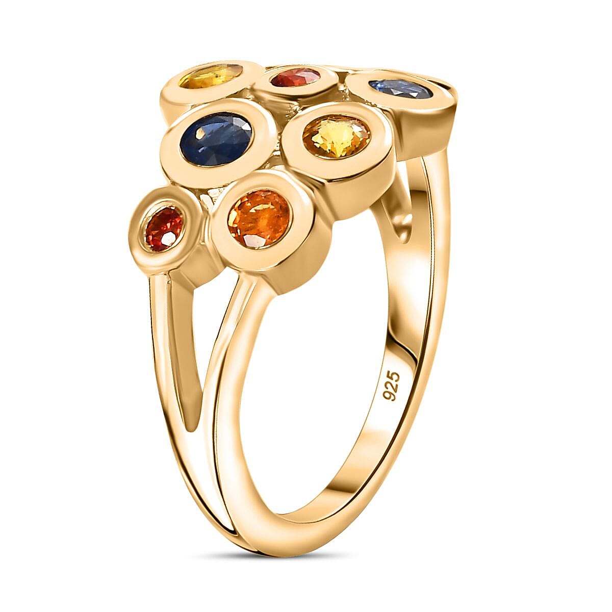 Blue Sapphire ,  Yellow Sapphire ,  Orange Sapphire ,  Red Sapphire  Fancy Ring in 18K YG Vermeil Sterling Silver 1.15 ct  1.279  Ct.