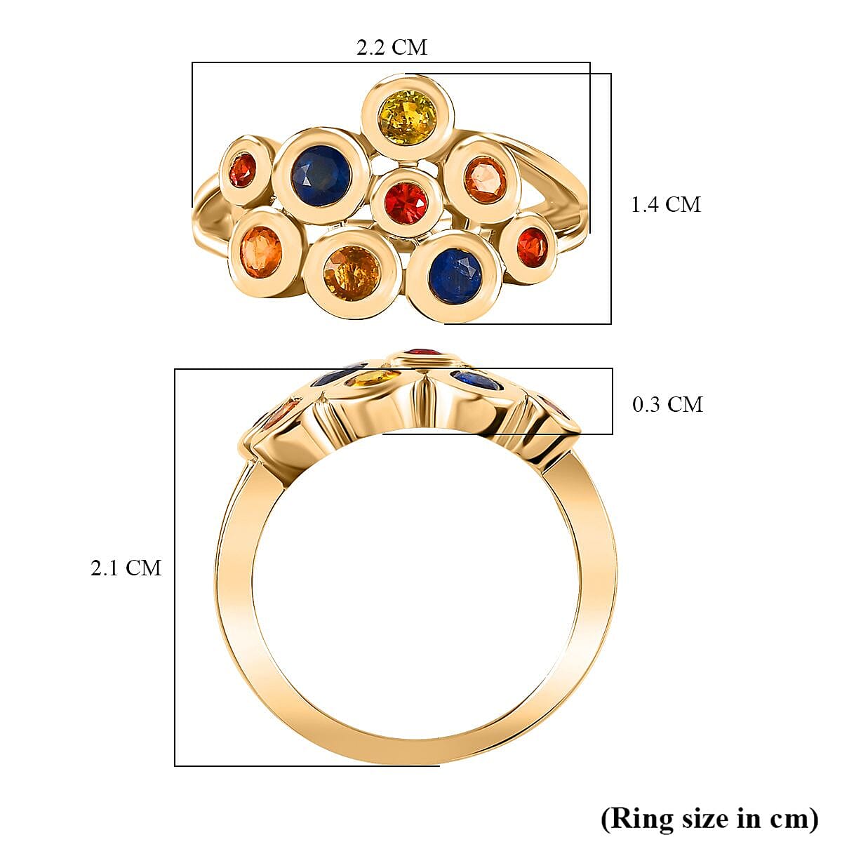 Blue Sapphire ,  Yellow Sapphire ,  Orange Sapphire ,  Red Sapphire  Fancy Ring in 18K YG Vermeil Sterling Silver 1.15 ct  1.279  Ct.