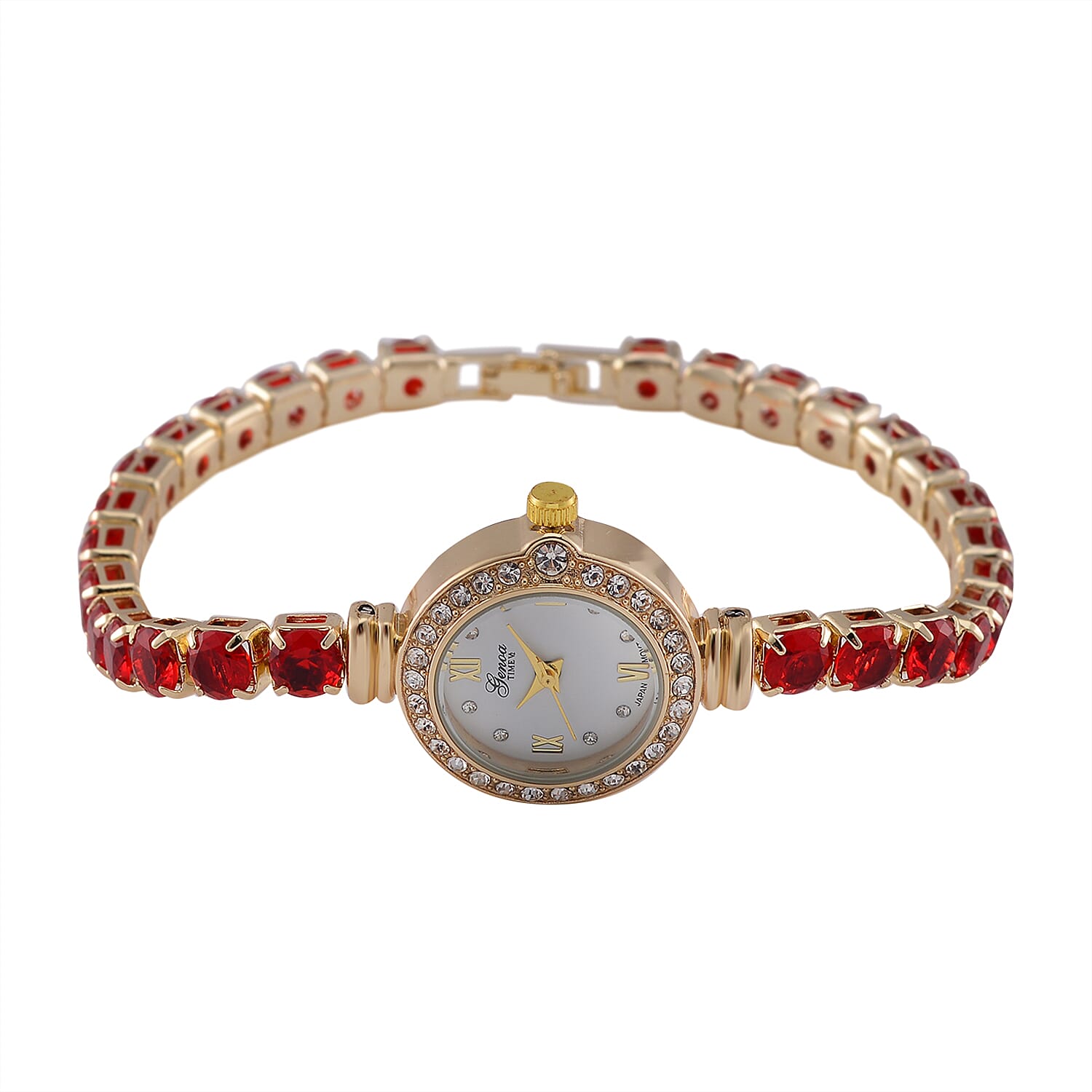 GENOA - Japanese Mov, 3 ATM,  Red CZ-White Crystal Watch