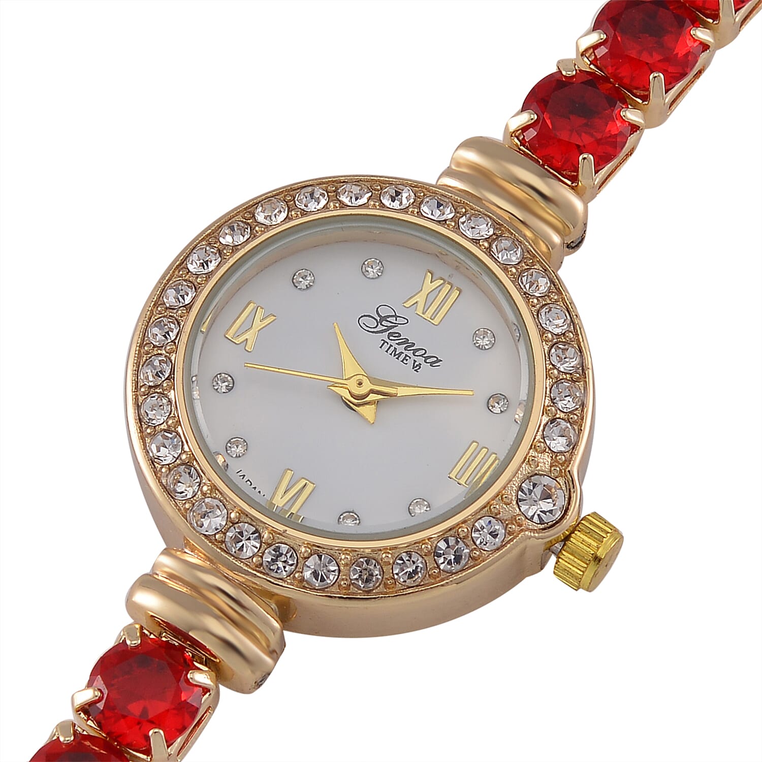 GENOA Japan Movt. 3ATM WR Gold Finish White Crystal & Red Cubic Zirconia Studded Watch