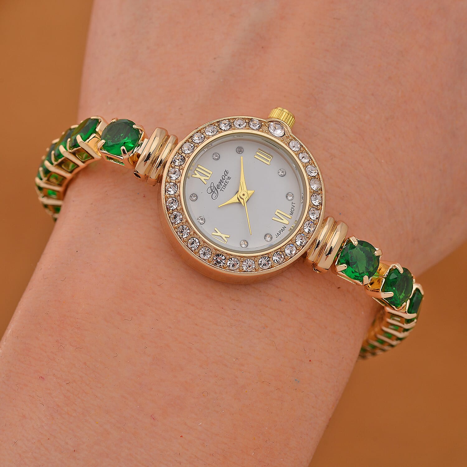 Green Cubic Zirconia ,  White Crystal  Watch Pure Yellow Brass  15.01 ct  15.010  Ct.