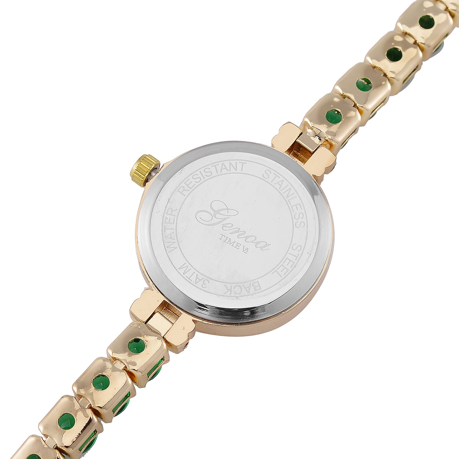 GENOA Japan Movt. 3ATM WR Gold Finish White Crystal - Green Cubic Zirconia Studded Watch