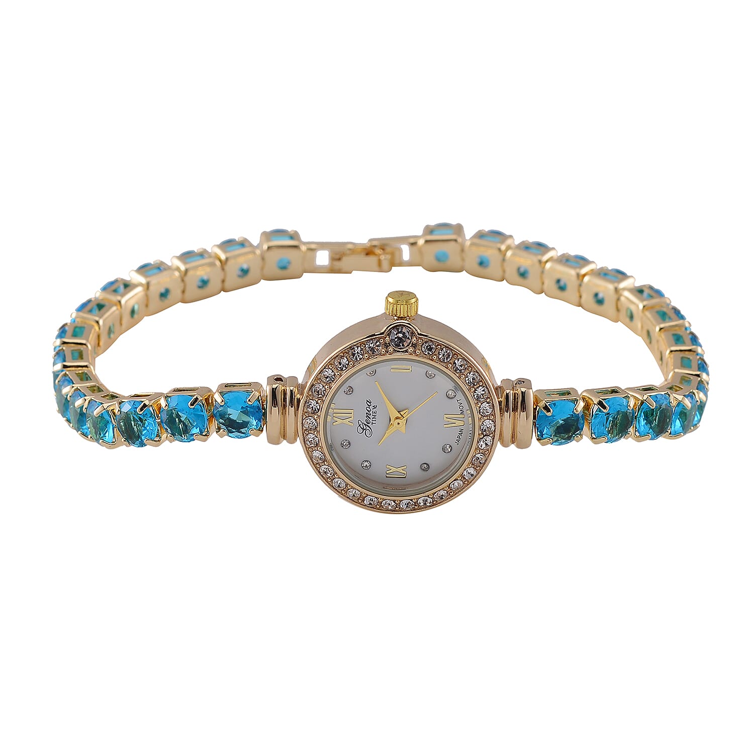 GENOA Japan Movt. 3ATM WR Gold Finish White Crystal & Light Blue Cubic Zirconia Studded Watch