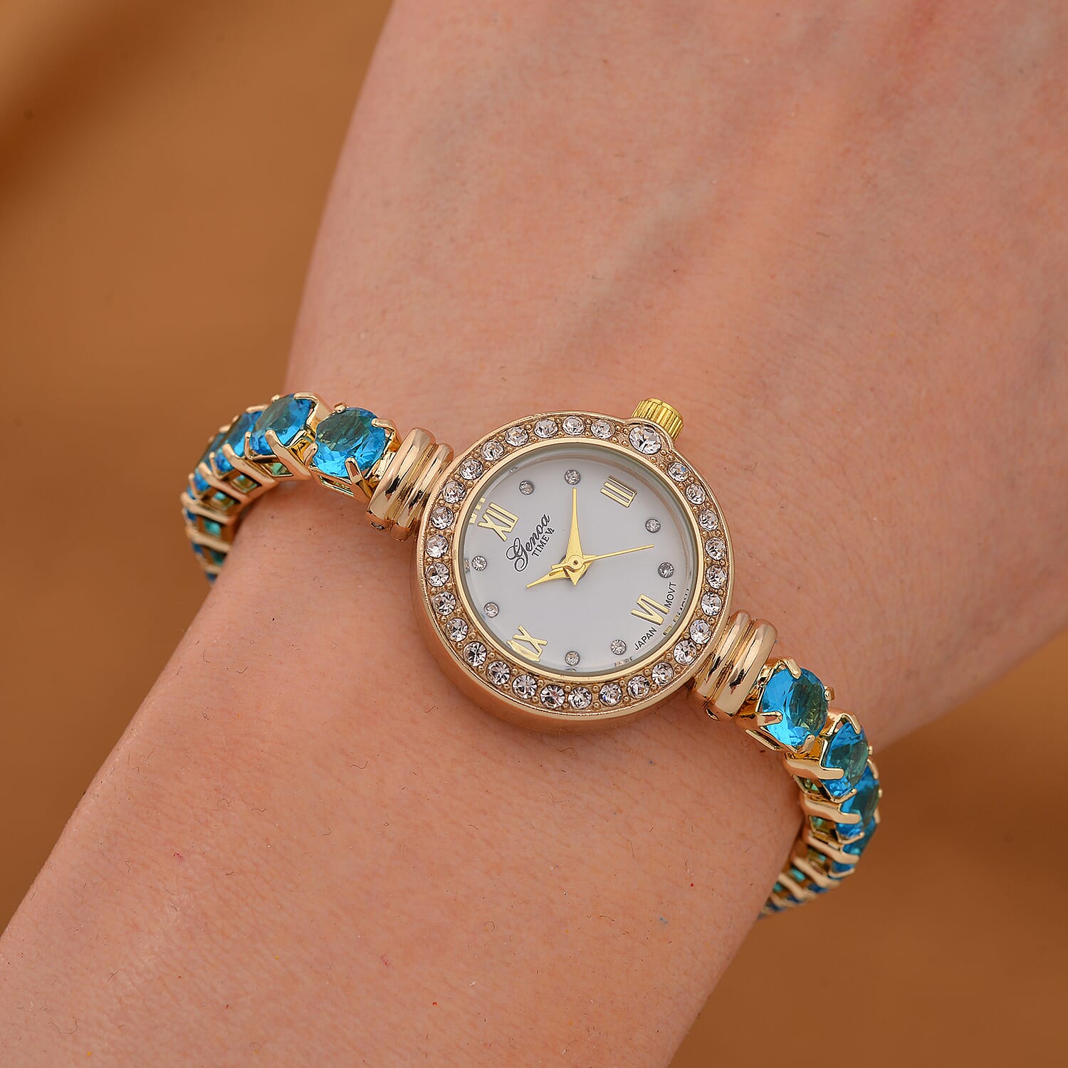 GENOA - Japanese Mov, 3 ATM,  Sky Blue CZ-White Crystal Watch