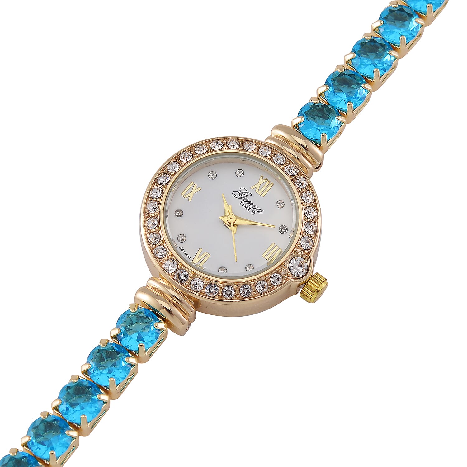GENOA - Japanese Mov, 3 ATM,  Sky Blue CZ-White Crystal Watch