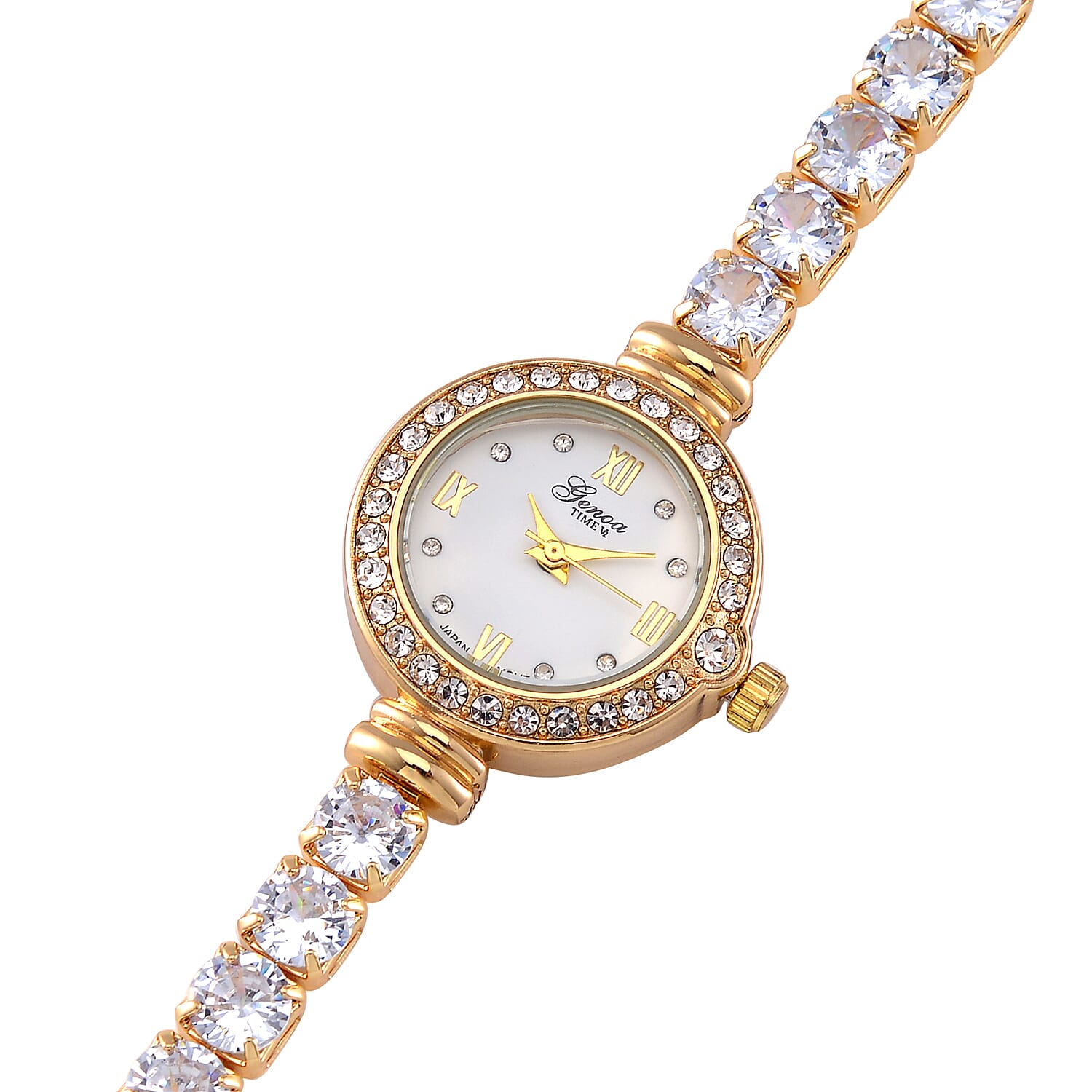 GENOA Japan Movt. 3ATM WR Gold Finish White Crystal Studded Watch