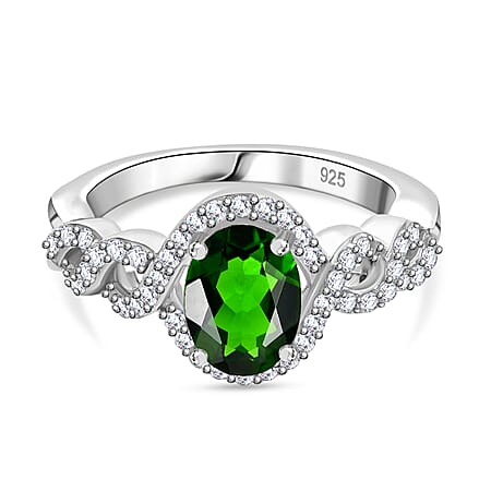 Natural Chrome Diopside ,  White Zircon  Main Stone With Side Stone Ring in rhodium Sterling Silver 2.03 ct  1.662  Ct.