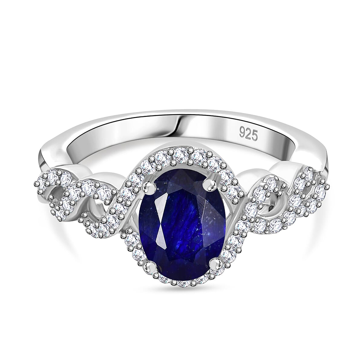 Fissure Filled Blue Sapphire ,  White Zircon  Main Stone With Side Stone Ring in rhodium Sterling Silver 2.18 ct  2.460  Ct.