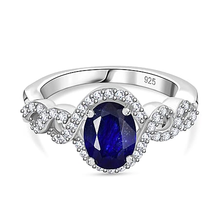 Fissure Filled Blue Sapphire, White Zircon Halo Ring in Rhodium Overlay Sterling Silver