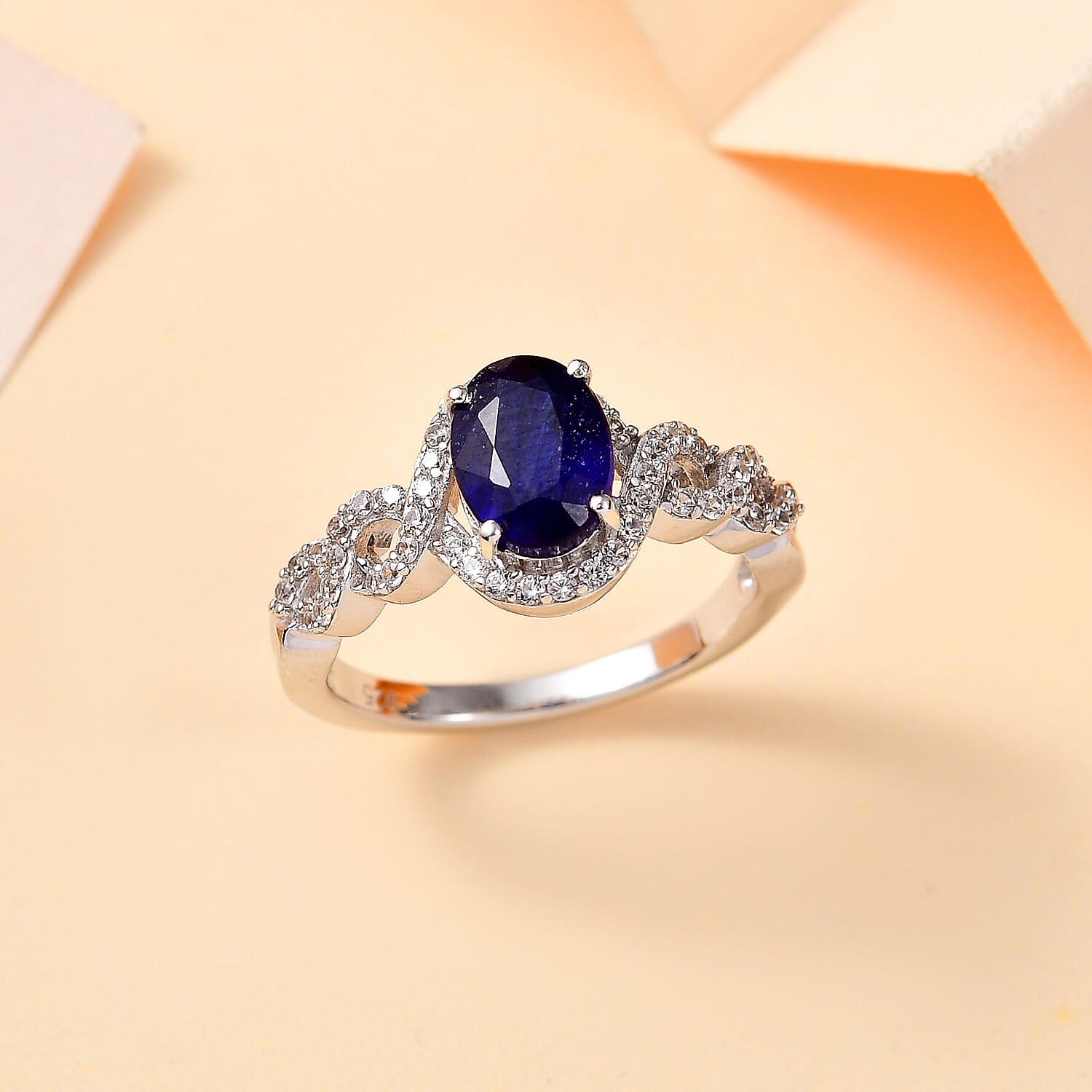 Fissure Filled Blue Sapphire ,  White Zircon  Main Stone With Side Stone Ring in rhodium Sterling Silver 2.18 ct  2.460  Ct.