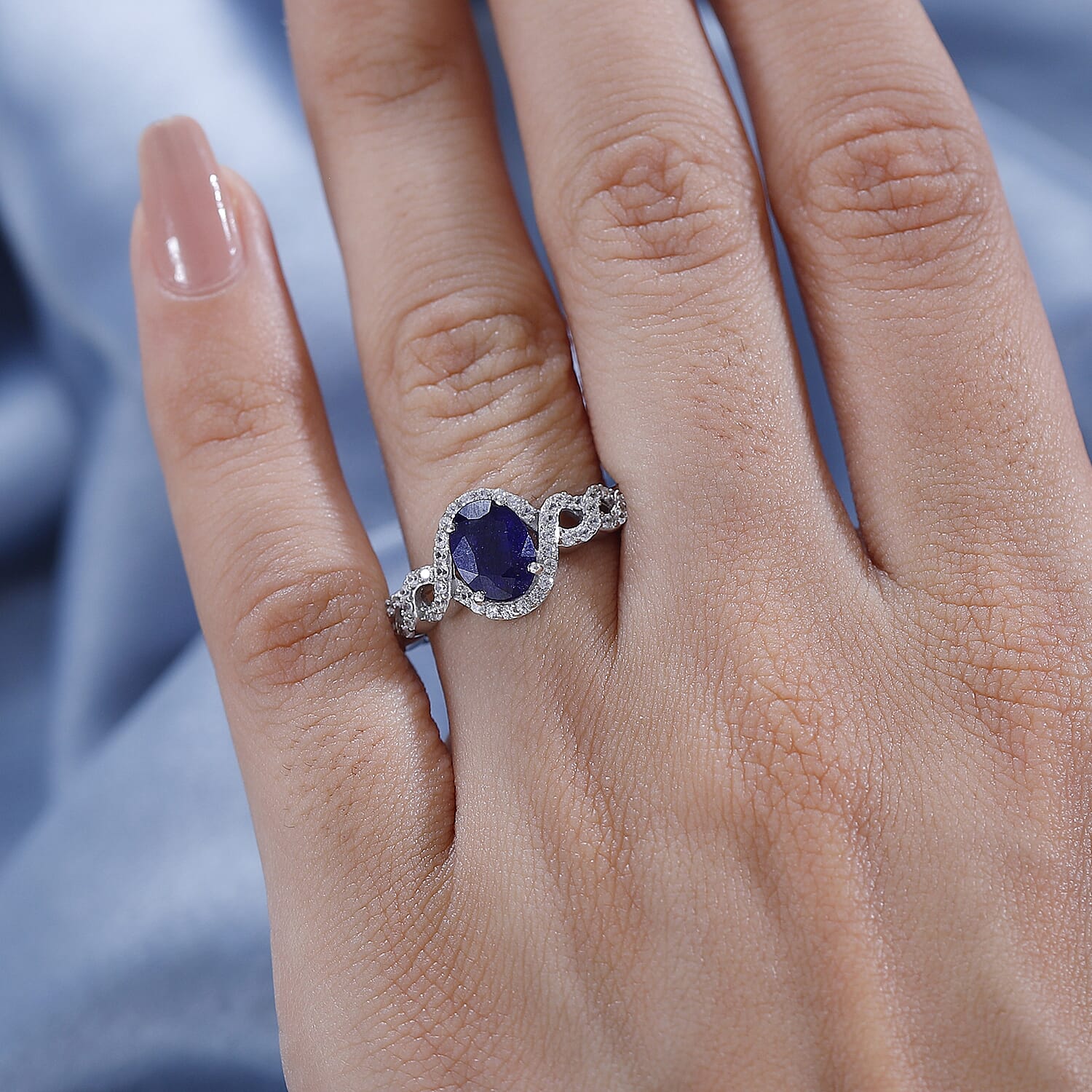 Fissure Filled Blue Sapphire ,  White Zircon  Main Stone With Side Stone Ring in rhodium Sterling Silver 2.18 ct  2.460  Ct.