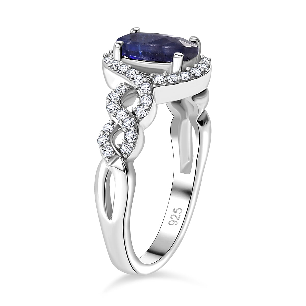 Fissure Filled Blue Sapphire ,  White Zircon  Main Stone With Side Stone Ring in rhodium Sterling Silver 2.18 ct  2.460  Ct.