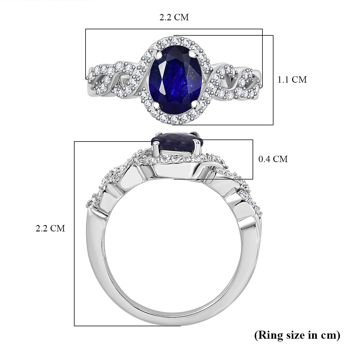 Fissure Filled Blue Sapphire ,  White Zircon  Main Stone With Side Stone Ring in rhodium Sterling Silver 2.18 ct  2.460  Ct.