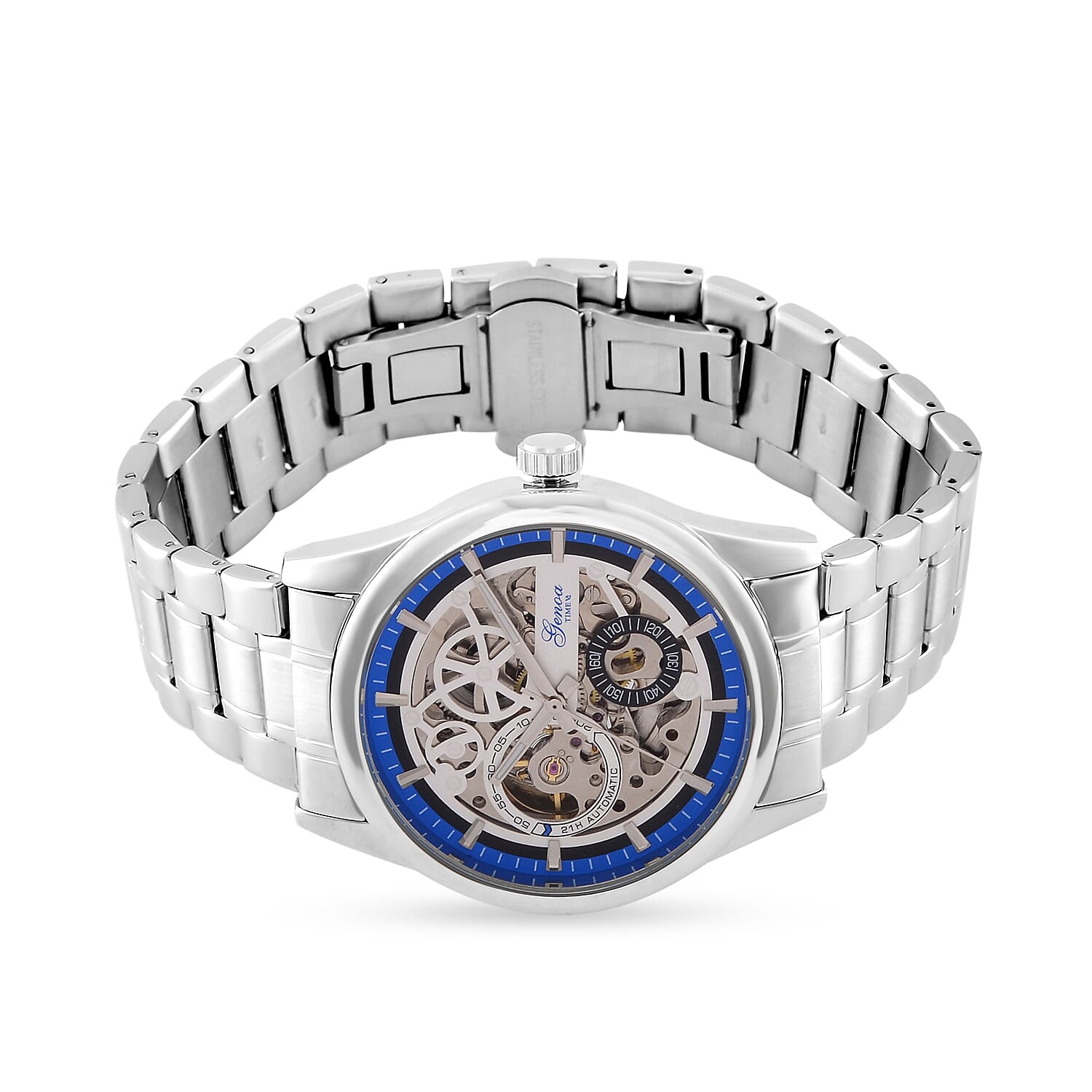 GENOA Automatic Movt. 3ATM WR Blue Ring Watch with Stainless Steel Chain Strap GENOA Automatic Movt. 3ATM WR Blue Ring Watch with Stainless Steel Chain Strap